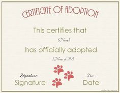 an award certificate for a dog that has been awarded