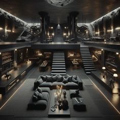 a living room filled with black furniture and lots of books on the shelves next to stairs