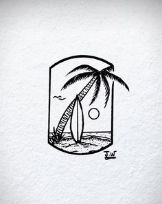 a drawing of a palm tree and surfboard in a glass with water on it