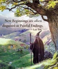 a painting of a man standing under a tree with a bible verse about new beginnings are often disguised as painful endings