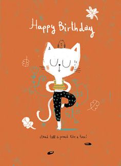 an orange birthday card with a cat doing yoga