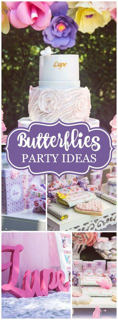 a collage of photos with the words butterflies party ideas on it and flowers