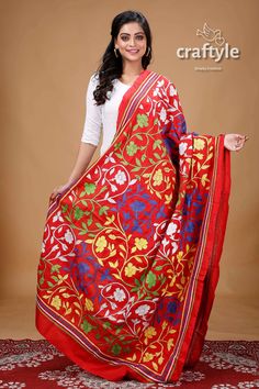 This is authentic hand embroidered Kantha Stitch Dupatta from Santiniketan, Birbhum. The unique multi-thread kantha embroidery design is entirely handcrafted by our skilled artisans. The most significant aspect of hand embroidery is the running stitch pattern that accentuates the various floral, bird, flora & fauna motifs. It's suitable for all the seasons. Dupatta Length 2.5 m | Width 44 inch | Weight: 225 gm approx. The fabric is the best quality light weight blended Bangalore Silk. Dry Clean Red Unstitched Dupatta With Floral Embroidery, Red Salwar Kameez With Motifs For Navratri, Red Motif Salwar Kameez For Navratri, Red Dupatta With Floral Embroidery, Red Bohemian Dupatta For Traditional Ceremonies, Embroidered Katan Silk Fabric For Navratri, Red Semi-stitched Salwar Kameez With Motifs, Semi-stitched Red Traditional Wear With Floral Embroidery, Red Salwar Kameez With Embroidered Border For Navratri