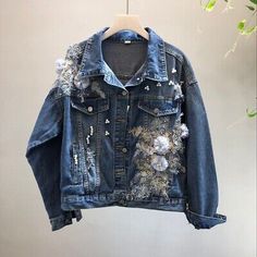 Clothing Repurpose, Upcycle Jean Jacket, Flower Jeans, Repurposed Denim, Jeans Coat, Embellished Denim Jacket, Over Dresses, Upcycle Jeans, Embellished Denim