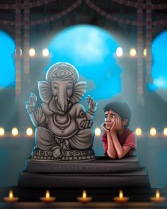 an elephant statue sitting on top of a stage next to a man with his hand under his chin