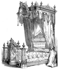 an antique black and white drawing of a bed with curtains on the headboard, vintage line drawing or engraving illustration