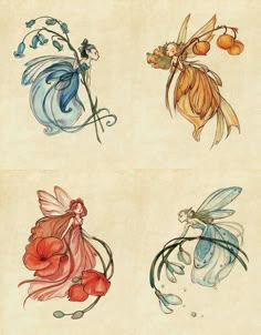 four different colored drawings of flowers and plants