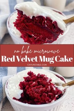 red velvet mug cake with white frosting in a bowl