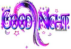 the words good night written in purple and blue with stars around it on a white background