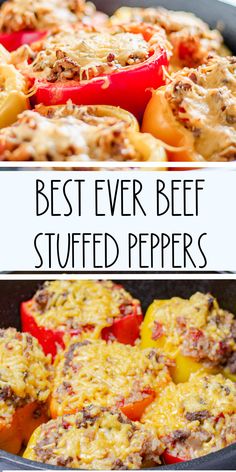 the best ever beef stuffed peppers in a cast iron skillet with text overlay