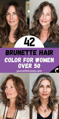 42 Fresh and Elegant Brunette Hair Color Ideas for Women Over 50 Medium Brown Hair With Blonde Highlights Summer Hairstyles, Medium Hair Color Ideas For Brunettes, Brunette With Gray Highlights, Brown Hair Over 50, Haircolor Ideas