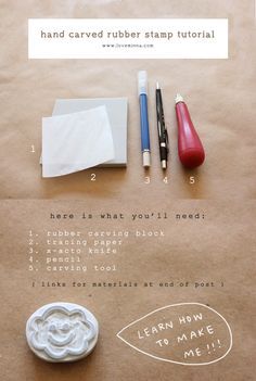 the instructions for how to make a rubber stamp on brown paper with markers and pens