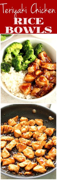 chicken and broccoli in teriyai sauce on top of rice with the words teriyai chicken rice bowls above it