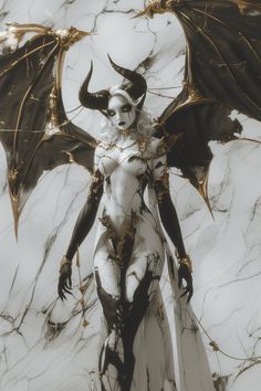 a woman dressed as a demon standing in front of a marble wall with gold accents