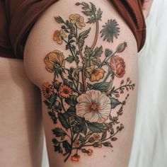 #tattoo #tattoos #tattooart #tattoodesign #tattoodesign #tattoogirl  #tattoosleeve #tattooflower Plant Tatoos Idea, Bouquet Tattoo Thigh, Womens Half Sleeve Tattoo, Trippy Tattoo Ideas, Traditional Tattoo Woman, Dark Skin Tattoo, Fanfiction Ideas, Vintage Flower Tattoo, Powerful Lines