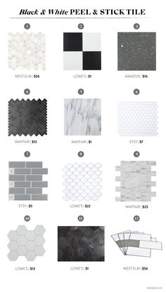 black and white floor tiles with different patterns, sizes and colors for each tile type