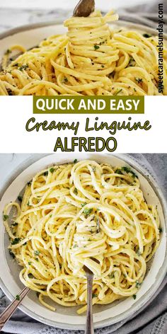 the recipe for creamy linguine alfredo is shown in two different pictures, with text overlay