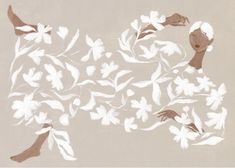 an artistic painting with white flowers and two hands reaching for each other's hand