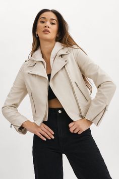 Timeless, wear-forever leather essentials and the most coveted contemporary trends for the modern woman. Designed in Montréal. Beige Leather Jacket Outfit, Beige Leather Jacket, Bold Outfits, Leather Jacket Outfit, Biker Aesthetic, Ribbed Knit Bodysuit, Womens Biker Jacket, Faux Leather Biker Jacket, Knitted Hood