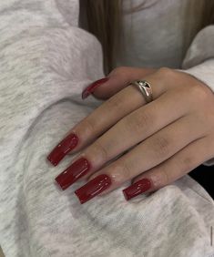 Winter Nails Red, Nails Red French, Tapered Square Nails, Hippie Nails, Red Acrylic Nails, Red French, Simple Acrylic Nails, Nails Red, Red Nail