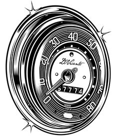 a black and white drawing of a clock