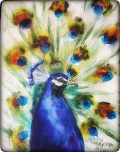 a painting of a blue peacock with feathers spread out and colorful colors on it's body