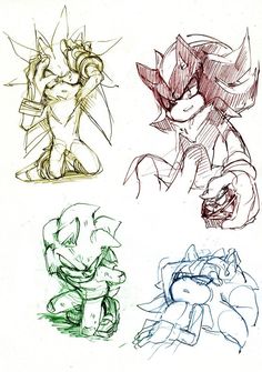 four different colored sketches of sonic the hedgehog