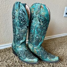 Womens Turquoise Boots With Rhinestones And Silver Hard Wear. Only Worn Once. Us Size 5 Turquoise Boots Outfit, Turquoise Boots, Boots Outfit, Cowgirl Boots, Shoes Heels Boots, Cowboy Boots, Art Work, Shoes Women Heels, Heeled Boots