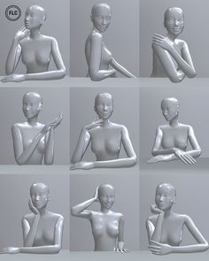 multiple images of mannequins sitting and standing in different positions with their hands on their hips