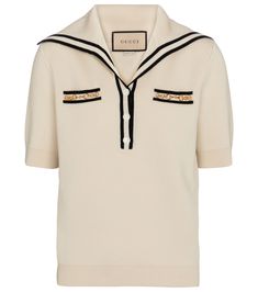 Gucci converts its iconic equestrian insignia across ready-to-wear with pieces such as this beige top. Made in Italy from wool, it's knitted to a relaxed silhouette with black twin-tipped stripe trims and Horsebit-adorned pockets. Gucci Outfits, Wool Shirt, Beige Top, Knitted Tops, Sweater Design, Contrast Trim, Black Trim, Cardigans For Women, Short Tops