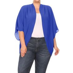 Women's Plus Size Loose Fit 3/4 Sleeves Kimono Style Open Front Solid Cardigan S-3XL Made in USA , Women kimonos for daily wear, party, dating, festival, wedding, church, concert, pool, sports, etc. Easy to dress up or down in Spring, Summer, Fall and Winter Size Chart(Inches) / MCD00721XL => Shoulder: 19/ Sleeve: 8/ Length: 34 2XL => Shoulder: 19.2/ Sleeve: 8.2/ Length: 34.2 3XL => Shoulder: 9.4/ Sleeve: 8.4/ Length: 34.4 Color: Blue.  Gender: female.  Age Group: adult. Solid Summer Cardigan With 3/4 Sleeve, Blue Short Sleeve Cardigan For Fall, Solid 3/4 Sleeve Summer Outerwear, Blue Short Sleeve Summer Cardigan, Blue Casual Cardigan With 3/4 Sleeves, Moa Collection, Breathable Clothes, Usa Women, Wedding Church