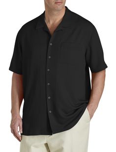 This classic camp shirt is a ​warm-weather essential that ​belongs in every man's wardrobe. It's crafted of smooth, lightweight fabric​ in a roomy, comfortable fit.65% rayon/35% polyesterSpread collarBack pleatsShort sleevesModified shirttail hem Machine wash, cold; imported 65% rayon/35% polyester Spread collar Back pleats Short sleeves Modified shirttail hem Machine wash, cold; imported Athletic Build, Tall Men, Oak Hill, Camp Shirt, Collar Designs, Men's Apparel, Men's Wardrobe, Tall Guys, Camping Shirt