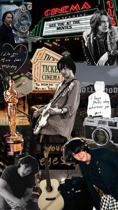 the collage has many different pictures and words on it, including an image of a man with a guitar