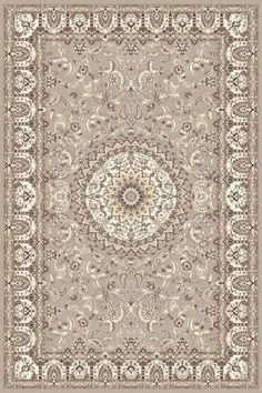 a beige and white rug with an ornate design on the center, in front of a gray background