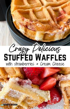 two waffles with strawberries and cream cheese on top are shown in this collage