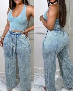 Lasaky - High Waisted Pocket Decor Washed Pants Look Casual Chic, Sleeveless Suit, Jeans Casual, Elastic Waist Pants, Waist Pants, Look Chic, Outfits Casuales, Straight Leg Pants, High Waisted Pants