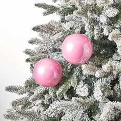 two pink ornaments hanging from the top of a christmas tree