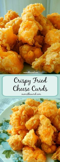 crispy fried cheese curls on a plate with the words, crispy fried cheese curls