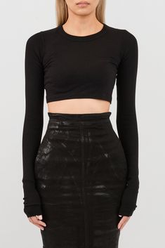 Rick Owens LS Crop T in Black Cropped Long Sleeve Top For Night Out, Chic Long Sleeve Crop Top For Night Out, Edgy Stretch Long Sleeve Crop Top, Edgy Crop Top For Fall, Edgy Cropped Crop Top For Fall, Spring Night Out Long Sleeve Crop Top, Trendy Fitted Cropped Sweater For Night Out, Chic Cropped Long Sleeve Stretch Top, Stretch Edgy Crop Top For Fall