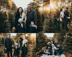 a group of people standing around each other in front of pine trees with the sun behind them