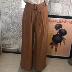 New Never Used Mint Condition Size Fit 4 Waist 27” Iseam 30” Wide Legs Flat 13”1/4 100% Linen Made In Australia “ Brown Pants With Belt Loops And Loose Fit, Belted Bottoms For Business Casual Summer, Casual Belted Wide-leg Pants, Belted High-waisted Pants, Belted Wide Leg Pants For Summer, Summer Wide Leg Belted Pants, Brown Wide Leg Pants For Business Casual, Belted Brown Pants For Work, High Waist Brown Bottoms With Belt Loops