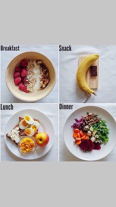 four pictures showing different types of food in the same bowl, including bananas, raspberries, granola, and other foods