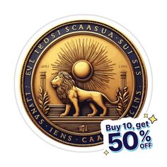 a sticker with the emblem of a lion on it's face and sun in the background