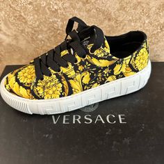 Never Worn, Brand New, Yellow Flower Pattern Versace Sneakers, Black High Top Sneakers, Versace Pink, Versace Shoes, Vintage Versace, Mid Heel Sandals, Nike Air Max Tn, Black High Tops, Embellished Sandals