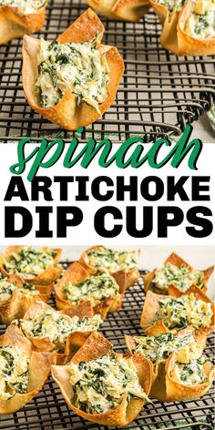 spinach artichoke dip cups on a cooling rack with text overlay that reads spinach artichoke dip cups