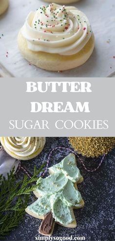 butter dream sugar cookies with white frosting and sprinkles on the top