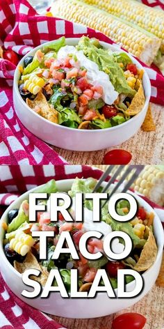 two bowls filled with taco salad on top of a red and white checkered table cloth