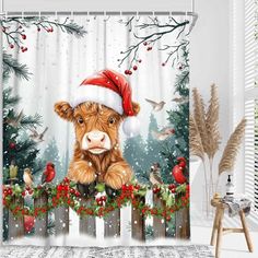 a christmas themed shower curtain with a cow wearing a santa hat on it's head