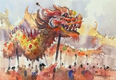 an artistic painting of a dragon with people in the background