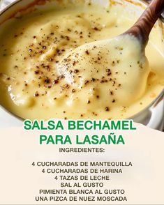 a poster with the words salsa bechamel para lasna in spanish and english